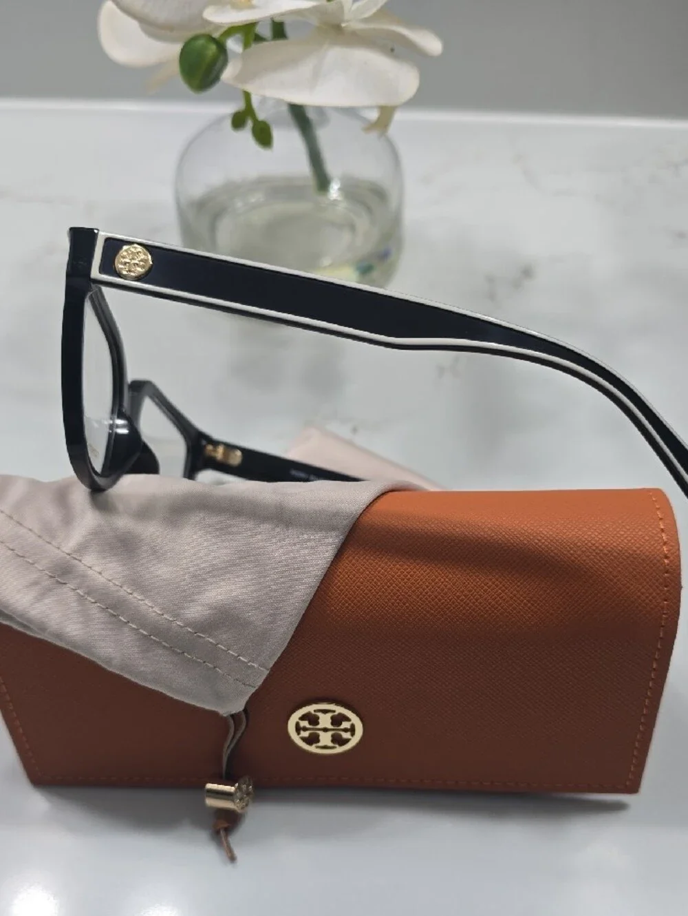 Tory Burch Black Square Optical Glasses with Tan Logo Case